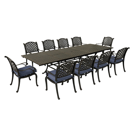 Rectangular 10 - Person 126.38' Long Dining Set with Navy Blue Cushions