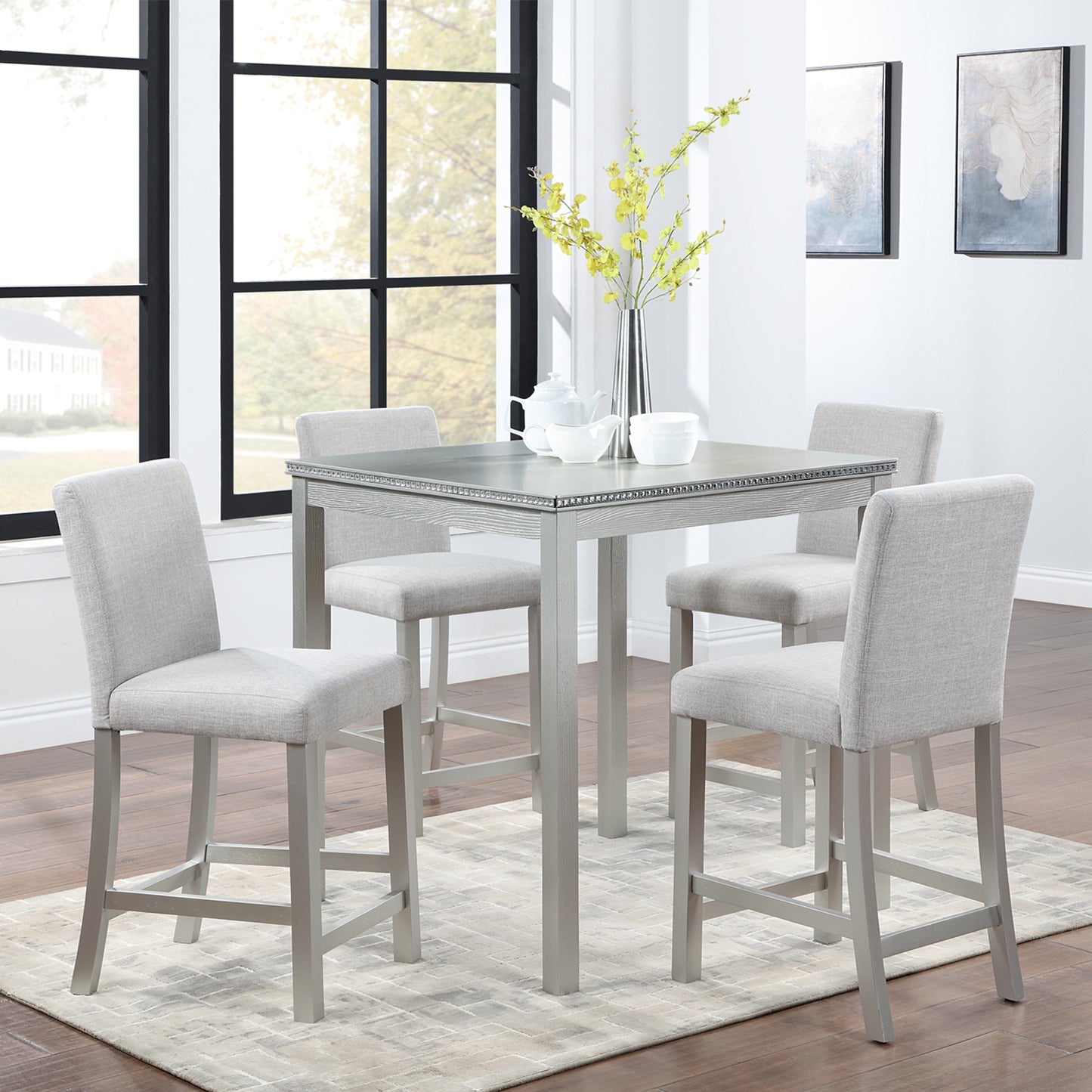 5 Piece Counter Height Table Set, Wooden Kitchen Table Set with Square Table and 4 Upholstered Chairs, Counter Height Dining Table with Crystal Decoration and Chair Set for Kitchen, Dining Room,Gray