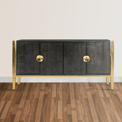 Tali 48 Inch Accent Sideboard Buffet Cabinet, 2 Doors with Gold Round Handles, Saw Marked, Charcoal Gray Acacia Wood