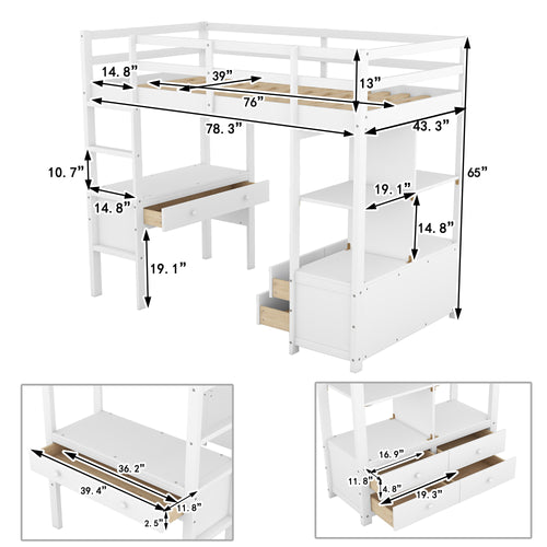 1st Choice Twin Size Loft Bed with Built-in Desk with Two Drawers in White