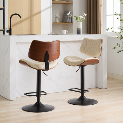 Walnut Bentwood Bar Stools Mid Century Modern Adjustable Counter Height Black Leather Upholstered 360°Swivel Bar Chairs for Kitchen Island/Dining Room/Cafe,Beige,Set of 2