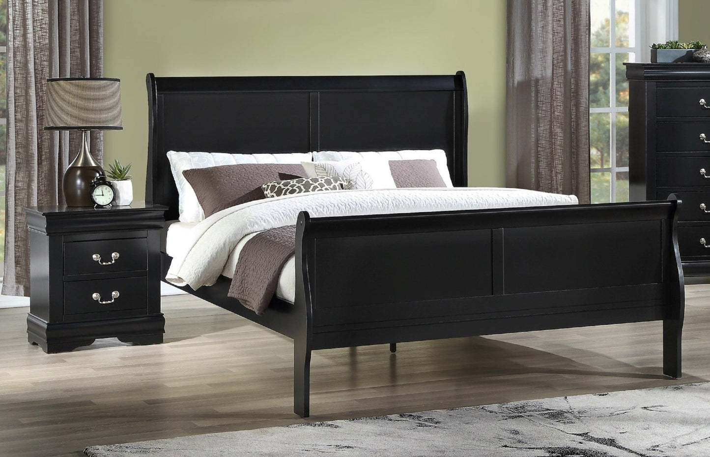 1pc Black Finish Two Drawers Louis Philip Nightstand Solid Wood Contemporary & Simple Style - 1st Choice Furniture Direct