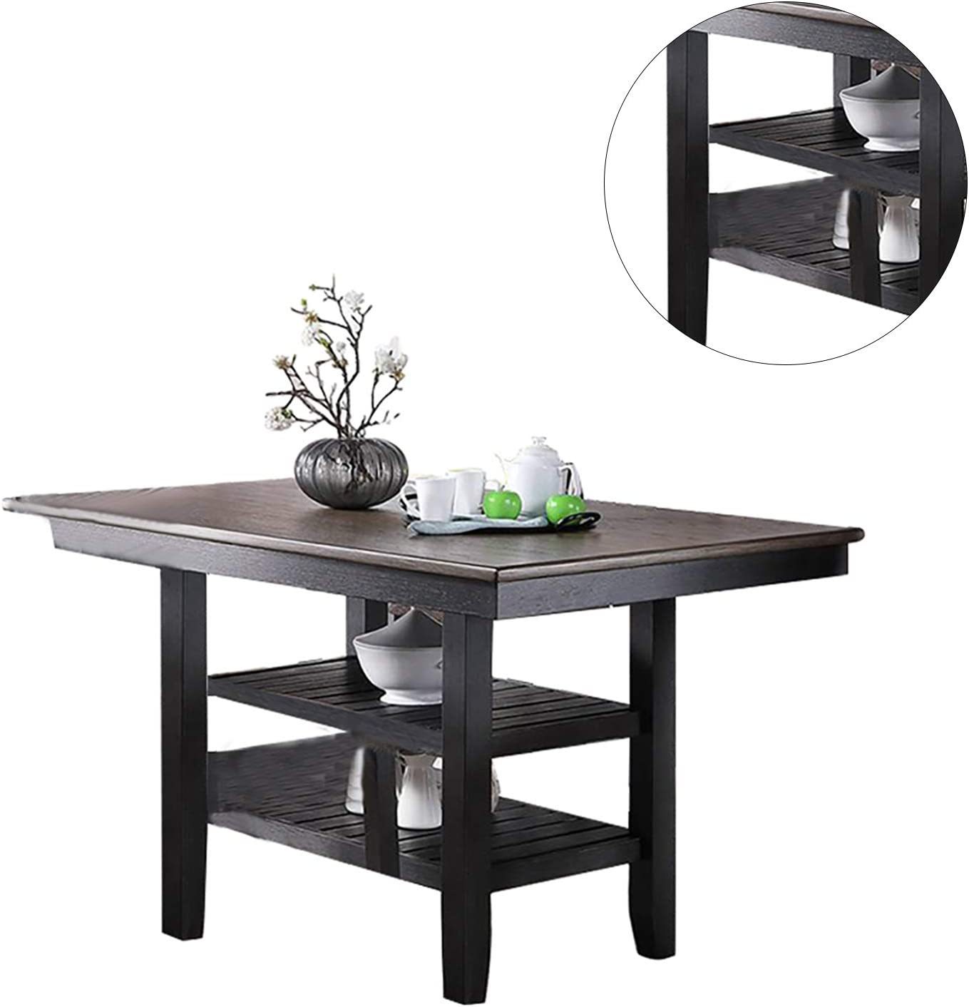 1pc Cunter Height Dining Table Dark Coffee Finish Kitchen Breakfast Dining Room Furniture Table w 2x Storage Shelve Rubber wood - 1st Choice Furniture Direct