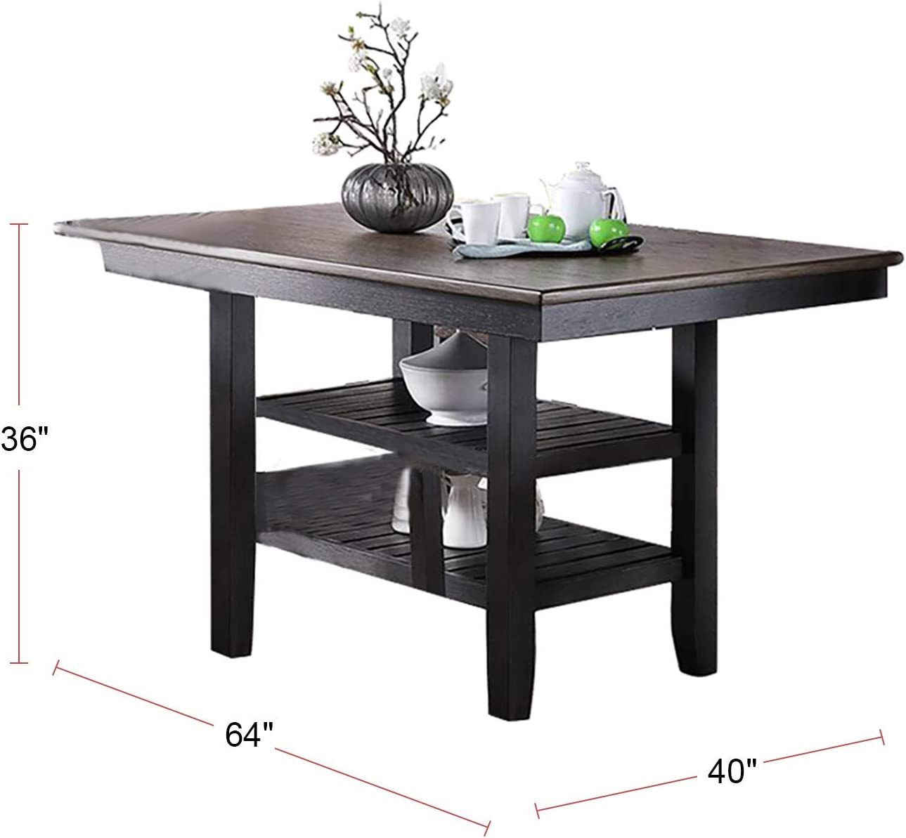 1pc Cunter Height Dining Table Dark Coffee Finish Kitchen Breakfast Dining Room Furniture Table w 2x Storage Shelve Rubber wood - 1st Choice Furniture Direct