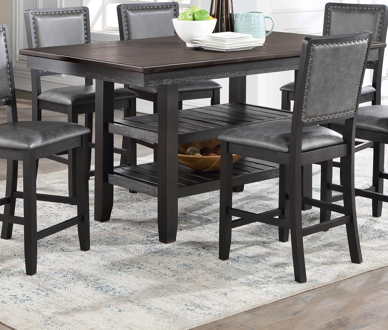 1pc Cunter Height Dining Table Dark Coffee Finish Kitchen Breakfast Dining Room Furniture Table w 2x Storage Shelve Rubber wood - 1st Choice Furniture Direct