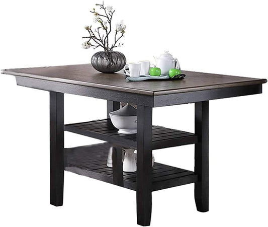 1pc Cunter Height Dining Table Dark Coffee Finish Kitchen Breakfast Dining Room Furniture Table w 2x Storage Shelve Rubber wood - 1st Choice Furniture Direct
