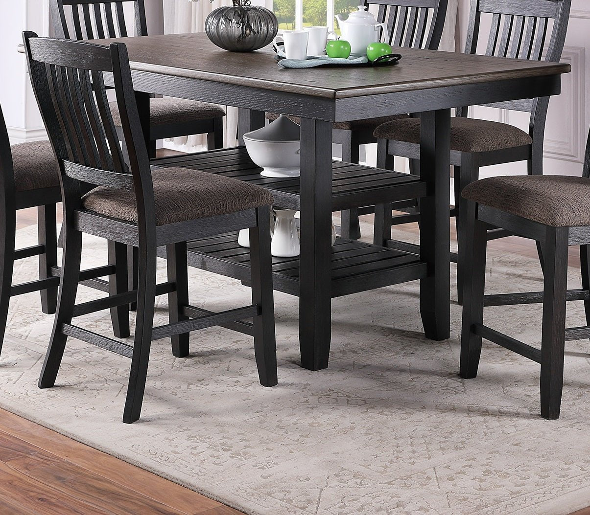 1pc Cunter Height Dining Table Dark Coffee Finish Kitchen Breakfast Dining Room Furniture Table w 2x Storage Shelve Rubber wood - 1st Choice Furniture Direct