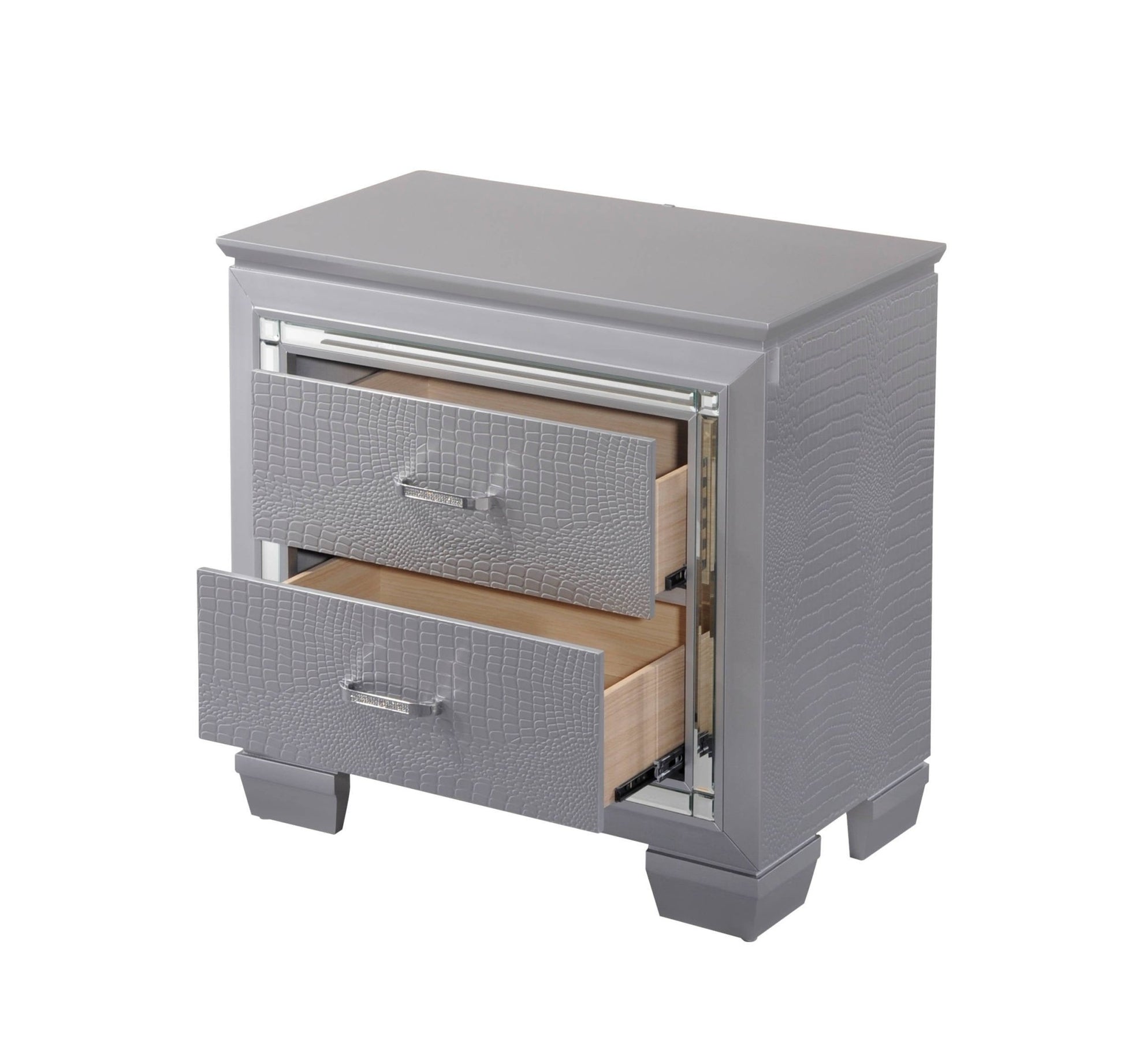 1pc Modern & Glam Style Two Drawers Nightstand Solid Wood w Built - in Night Light Silver Crocodile Finish Bedroom Furniture - 1st Choice Furniture Direct