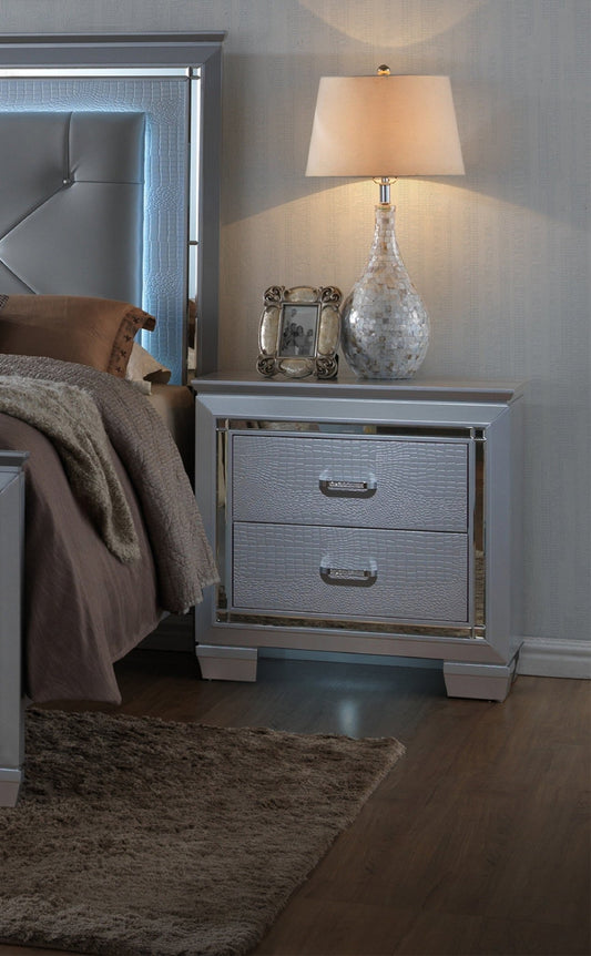 1pc Modern & Glam Style Two Drawers Nightstand Solid Wood w Built - in Night Light Silver Crocodile Finish Bedroom Furniture - 1st Choice Furniture Direct