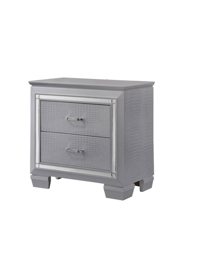 1pc Modern & Glam Style Two Drawers Nightstand Solid Wood w Built - in Night Light Silver Crocodile Finish Bedroom Furniture - 1st Choice Furniture Direct