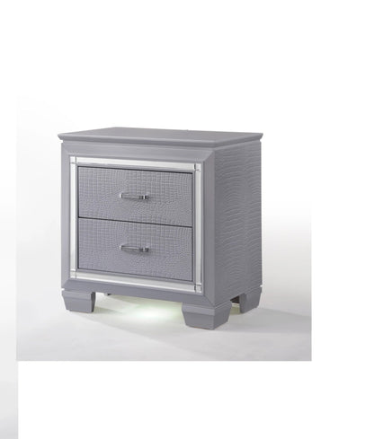 1pc Modern & Glam Style Two Drawers Nightstand Solid Wood w Built - in Night Light Silver Crocodile Finish Bedroom Furniture - 1st Choice Furniture Direct