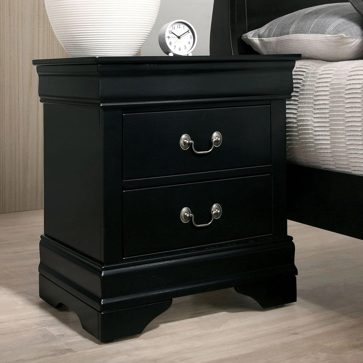 1pc Nightstand Black Louis Philippe Solid wood English Dovetail Construction Antique Nickle Hanging Pulls - 1st Choice Furniture Direct