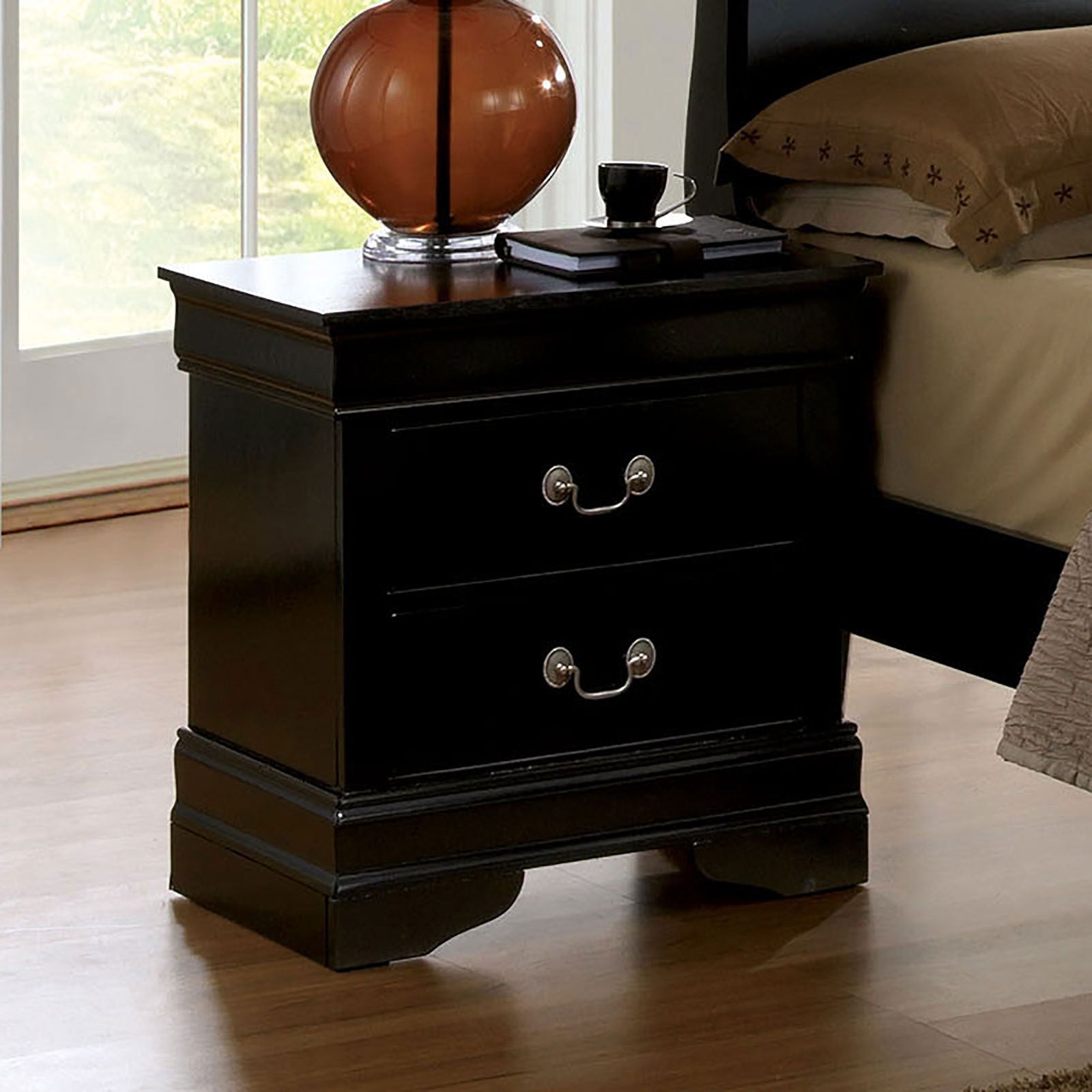 1pc Nightstand Black Louis Philippe Solid wood English Dovetail Construction Antique Nickle Hanging Pulls - 1st Choice Furniture Direct