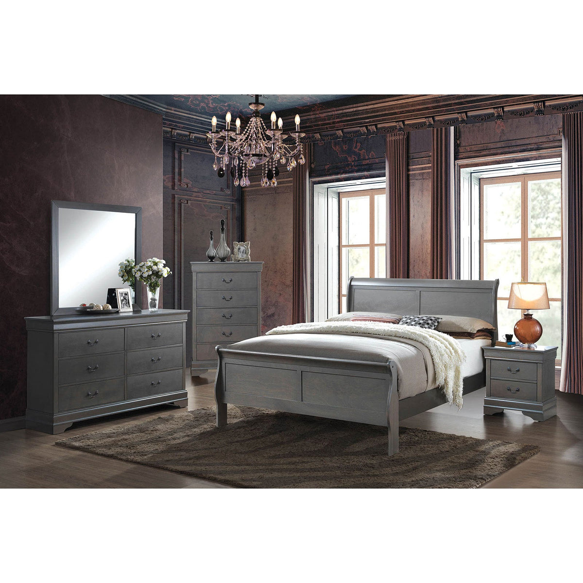 1pc Nightstand Gray Louis Philippe Solid wood English Dovetail Construction Antique Nickle Hanging Pulls - 1st Choice Furniture Direct