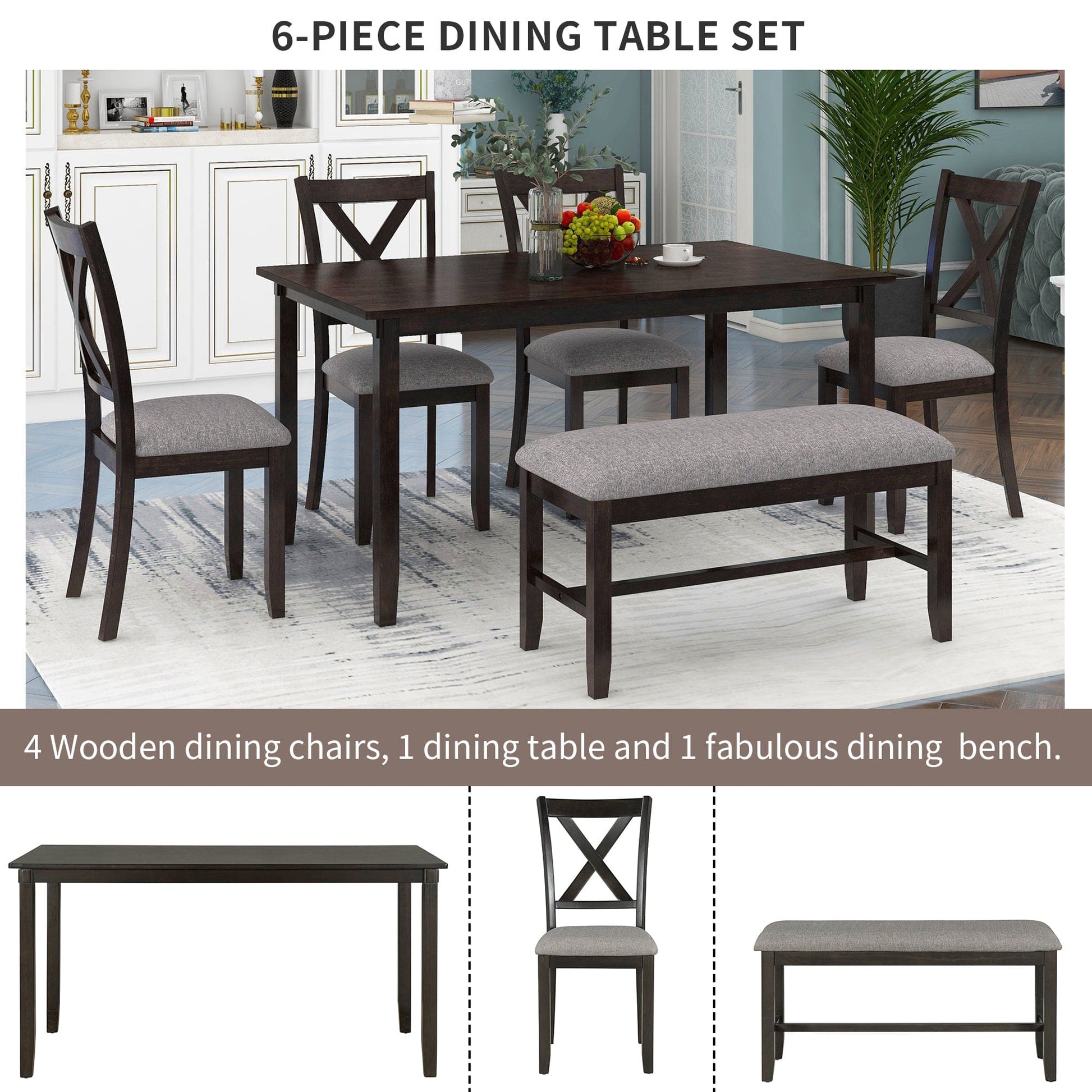 1st Choice Furniture Direct 1st Choice 6pc Kitchen Dining Table Wooden Rectangular Set in Espresso