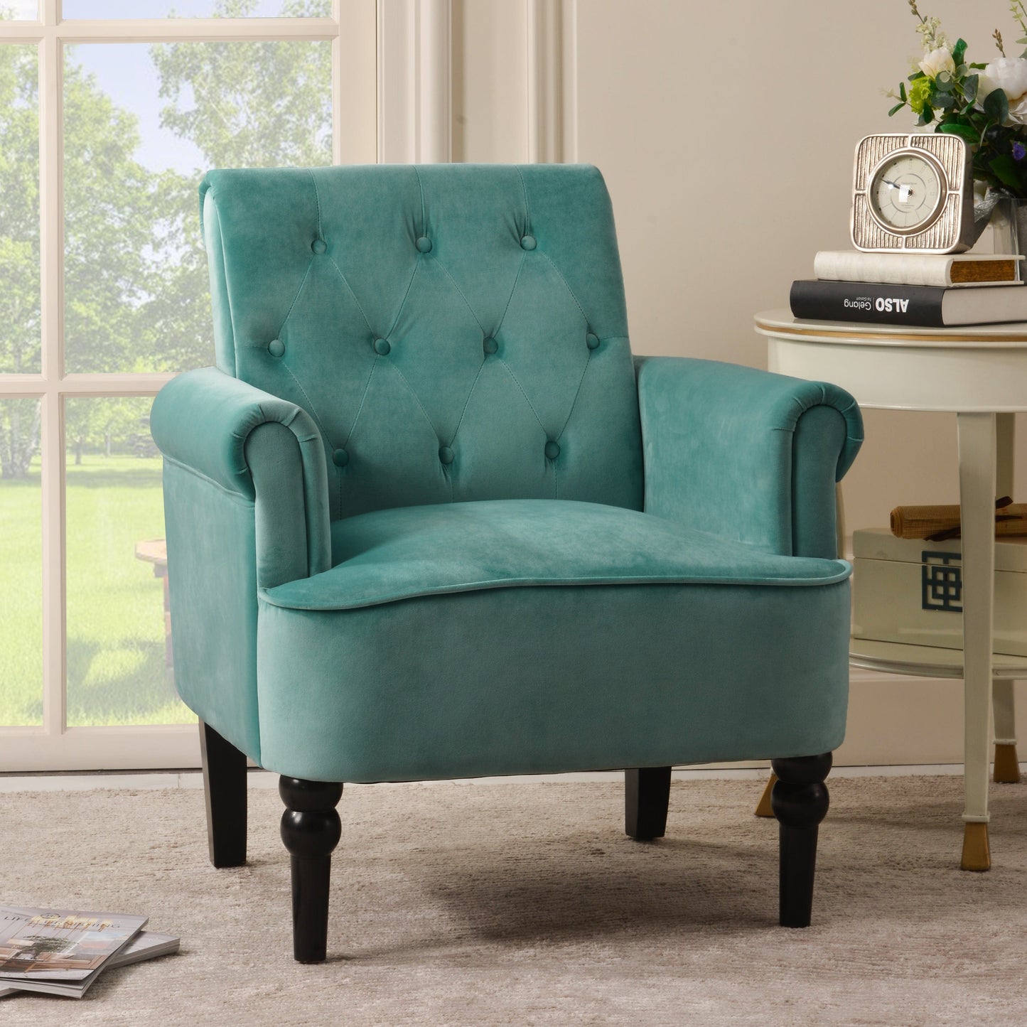 1st Choice Furniture Direct Arm Chair Cushions 1st Choice Elegant Teal Velvet Accent Armchair with Button Tufting