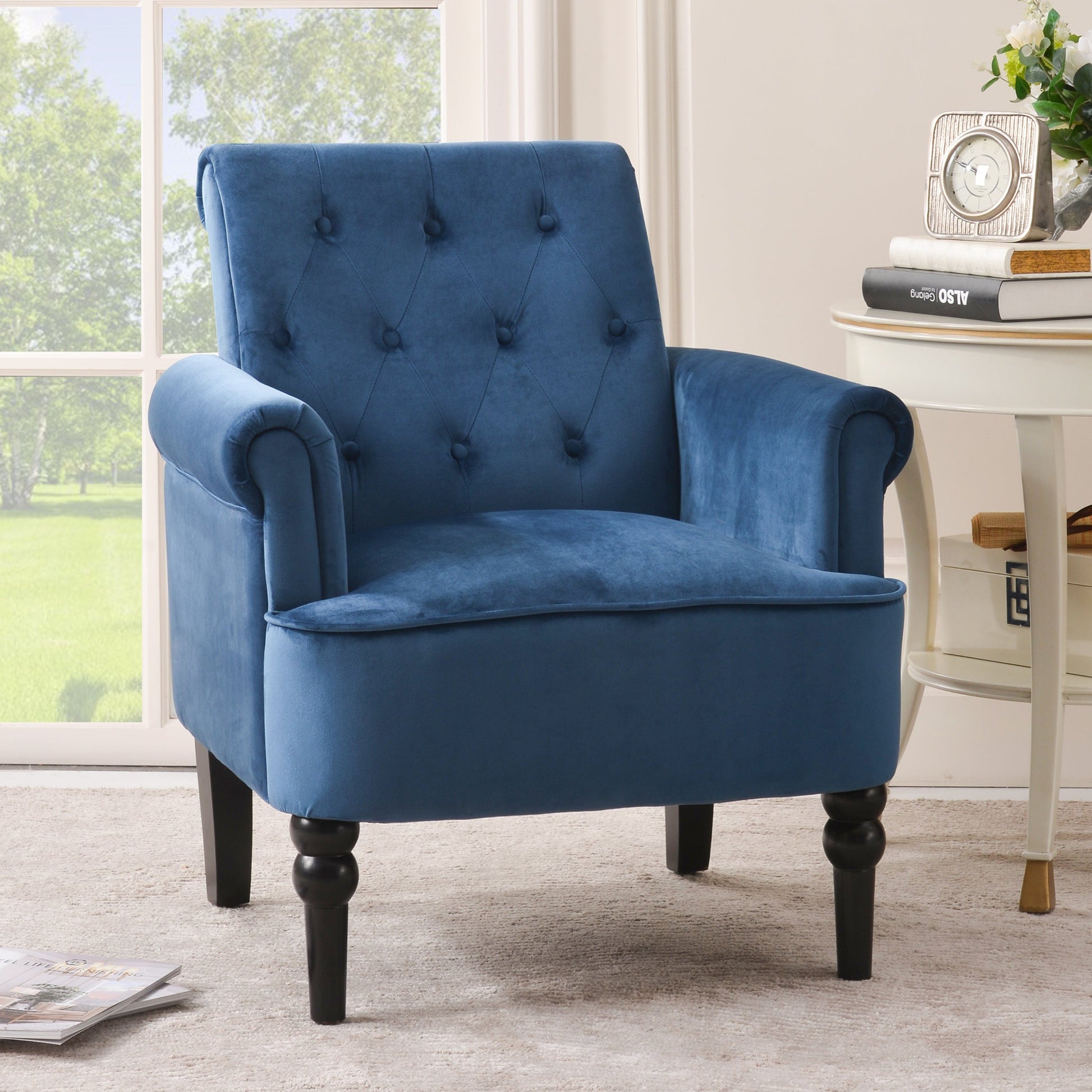 1st Choice Furniture Direct Arm Chair Cushions 1st Choice Navy Blue Button Tufted Club Chair with Wooden Legs