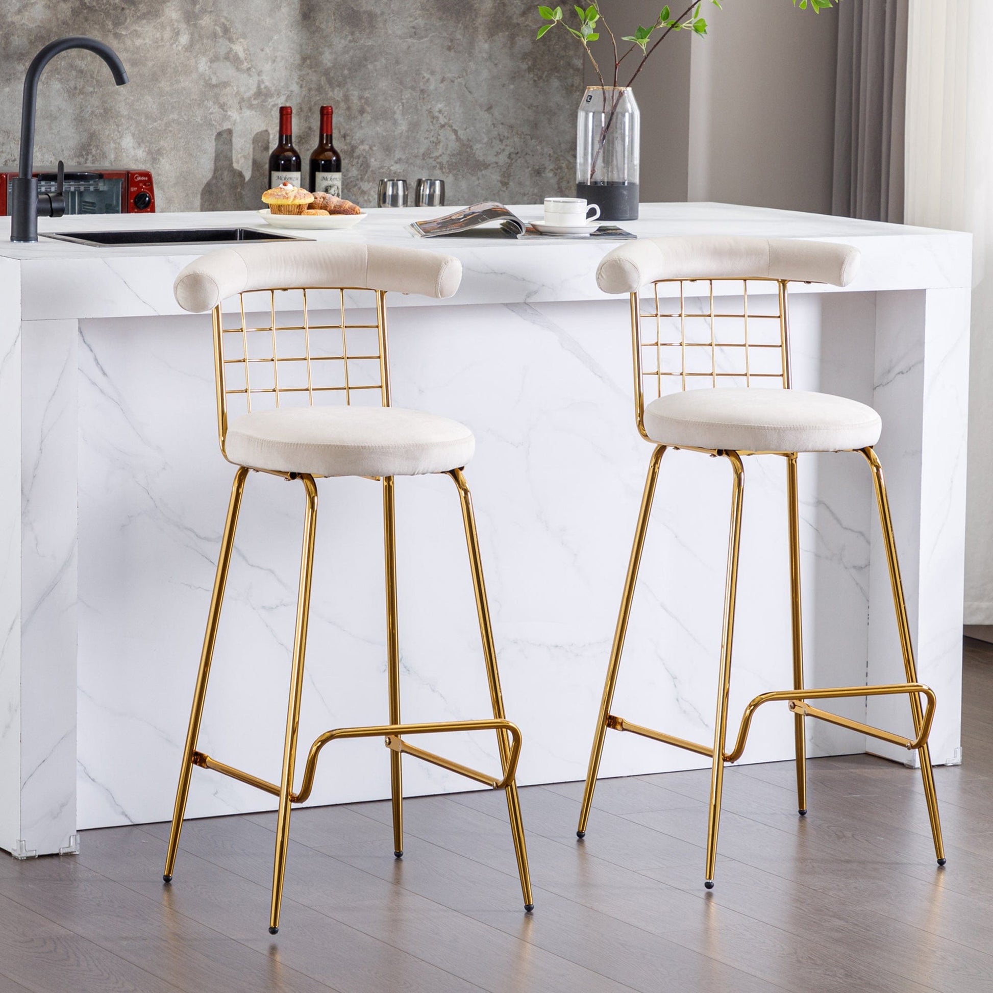 1st Choice Furniture Direct Bar Stool (Set of 2) 1st Choice Set of 2 Velvet High Bar Stool Set with Metal Legs in Beige