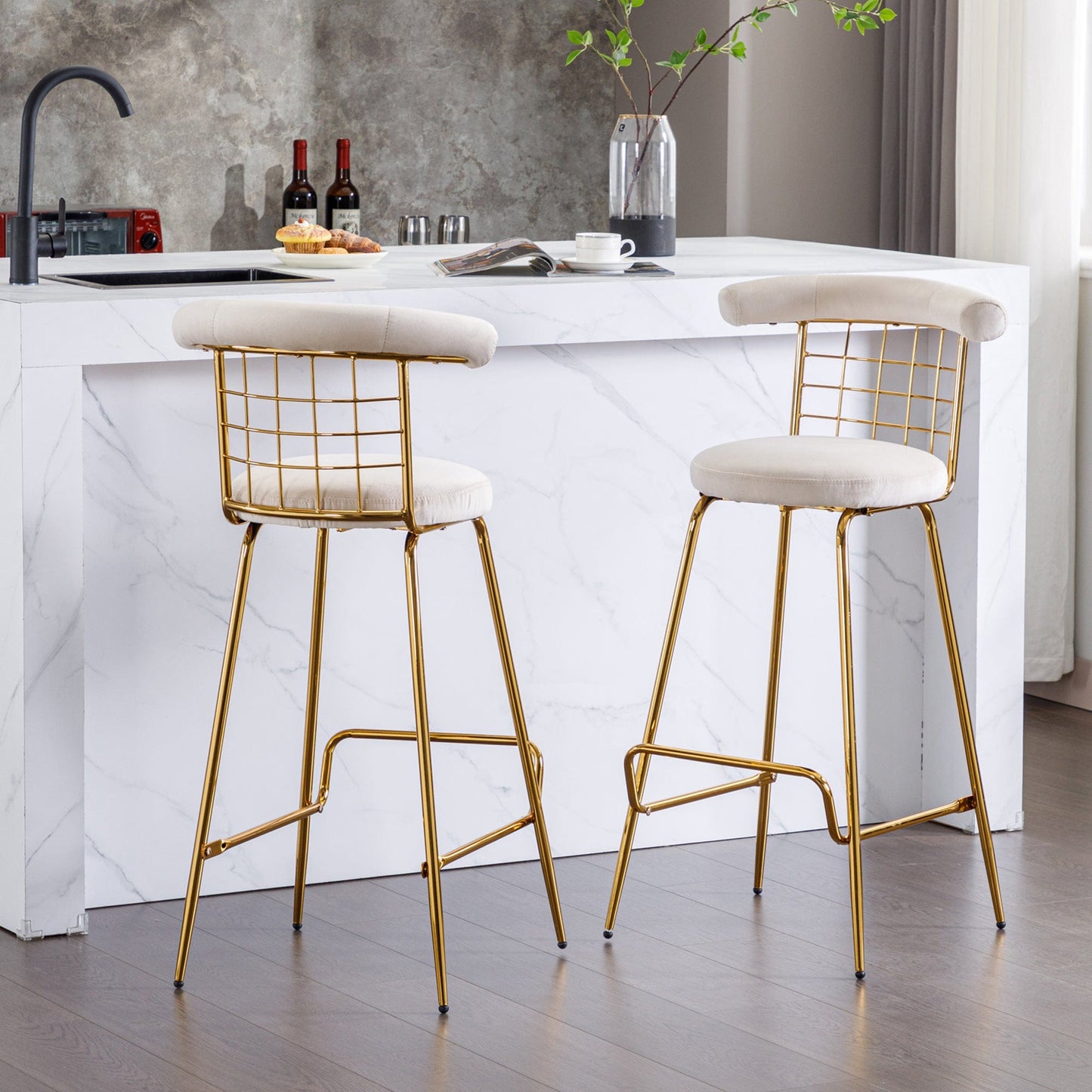 1st Choice Furniture Direct Bar Stool (Set of 2) 1st Choice Set of 2 Velvet High Bar Stool Set with Metal Legs in Beige