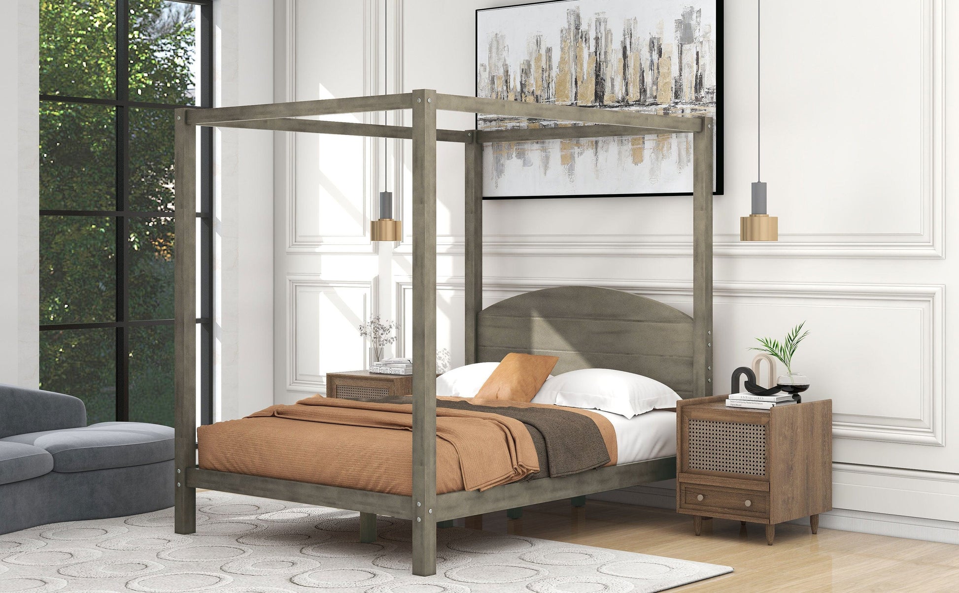 1st Choice Furniture Direct Bed 1st Choice Brown Wash Canopy Bed w/ Headboard & Support Legs