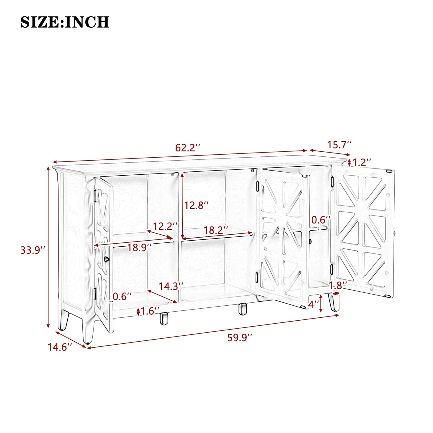 1st Choice Furniture Direct Console Table 1st Choice 62.2’’ Console Table with 3 Doors and Adjustable Shelves