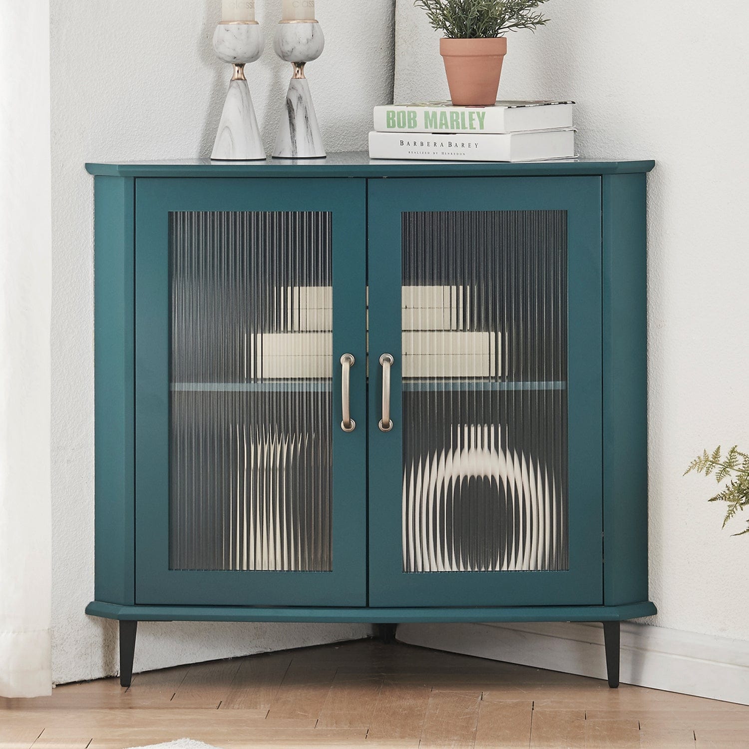 1st Choice Furniture Direct Corner Night stand 1st Choice Retro Glass Corner Teal Cabinet - Perfect for Small Spaces