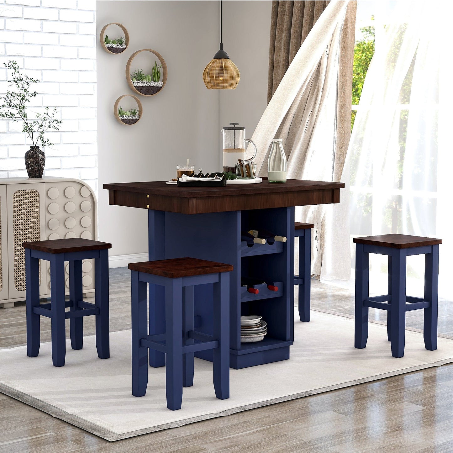 1st Choice Furniture Direct Counter Dining Set w/Stools 1st Choice Counter Height Dining Sets in Brown & Blue Finish (5-PC)