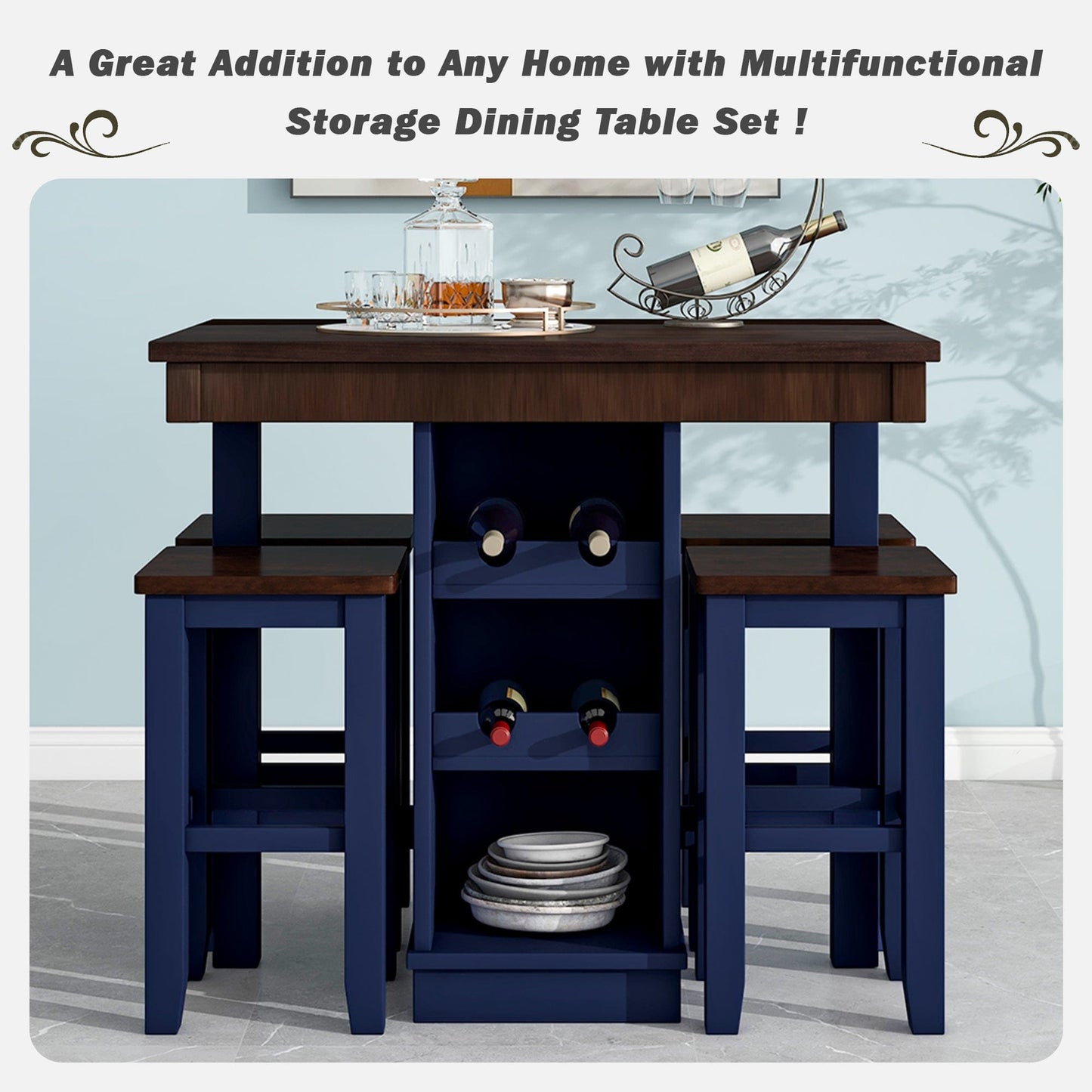 1st Choice Furniture Direct Counter Dining Set w/Stools 1st Choice Counter Height Dining Sets in Brown & Blue Finish (5-PC)