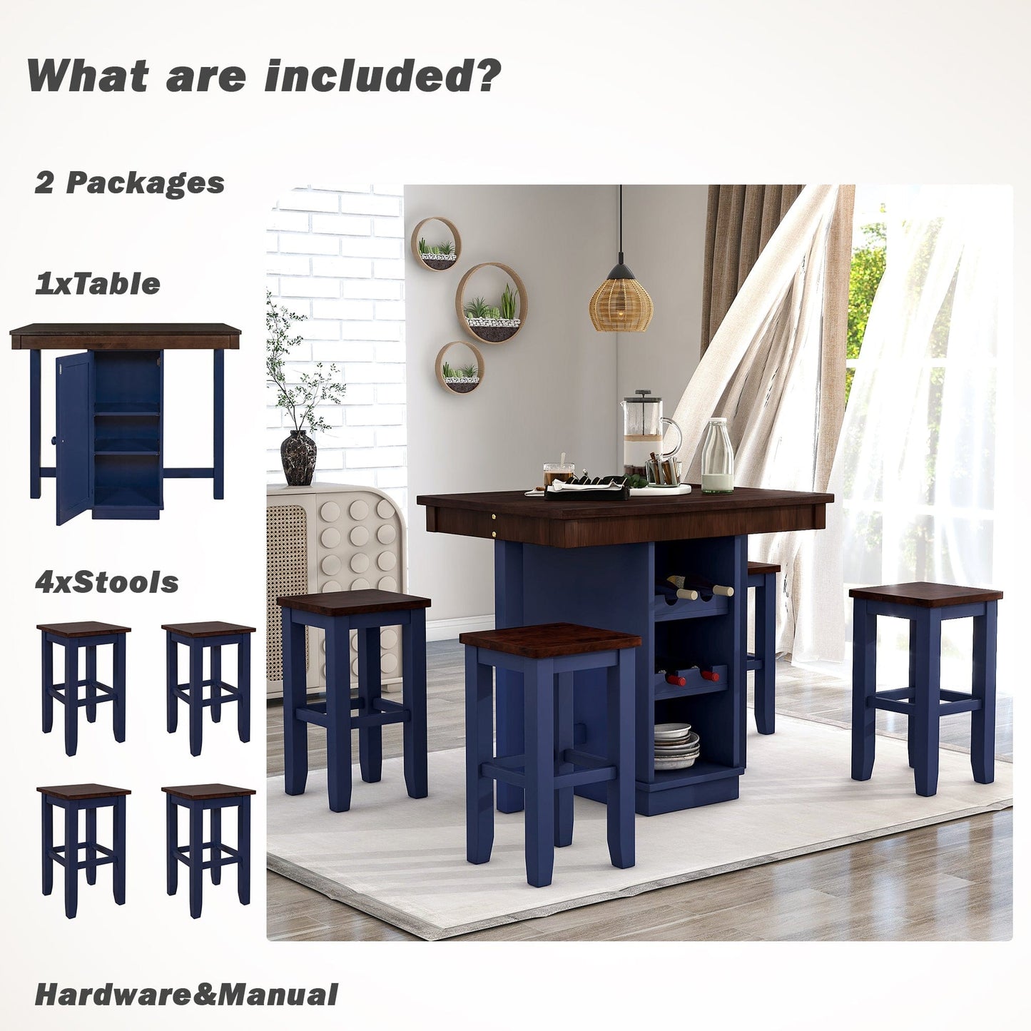 1st Choice Furniture Direct Counter Dining Set w/Stools 1st Choice Counter Height Dining Sets in Brown & Blue Finish (5-PC)