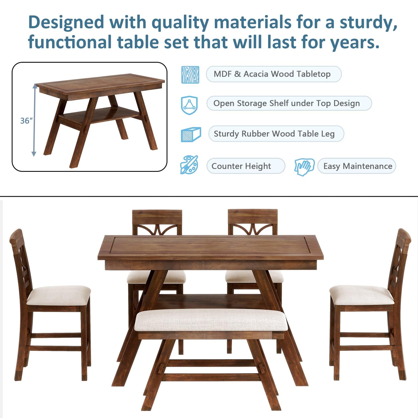 1st Choice Furniture Direct Counter Height Dining & Chairs 1st Choice 6-Piece Rustic Counter Height Table Set with Storage Shelf