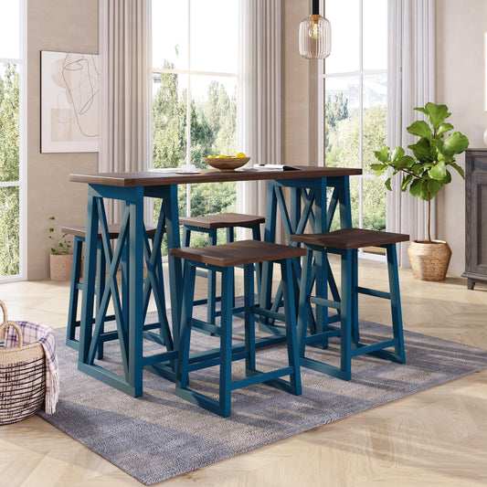 1st Choice Furniture Direct Counter Height Set 1st Choice 5-Piece Walnut+Blue Counter Height Dining Set with 4 stools