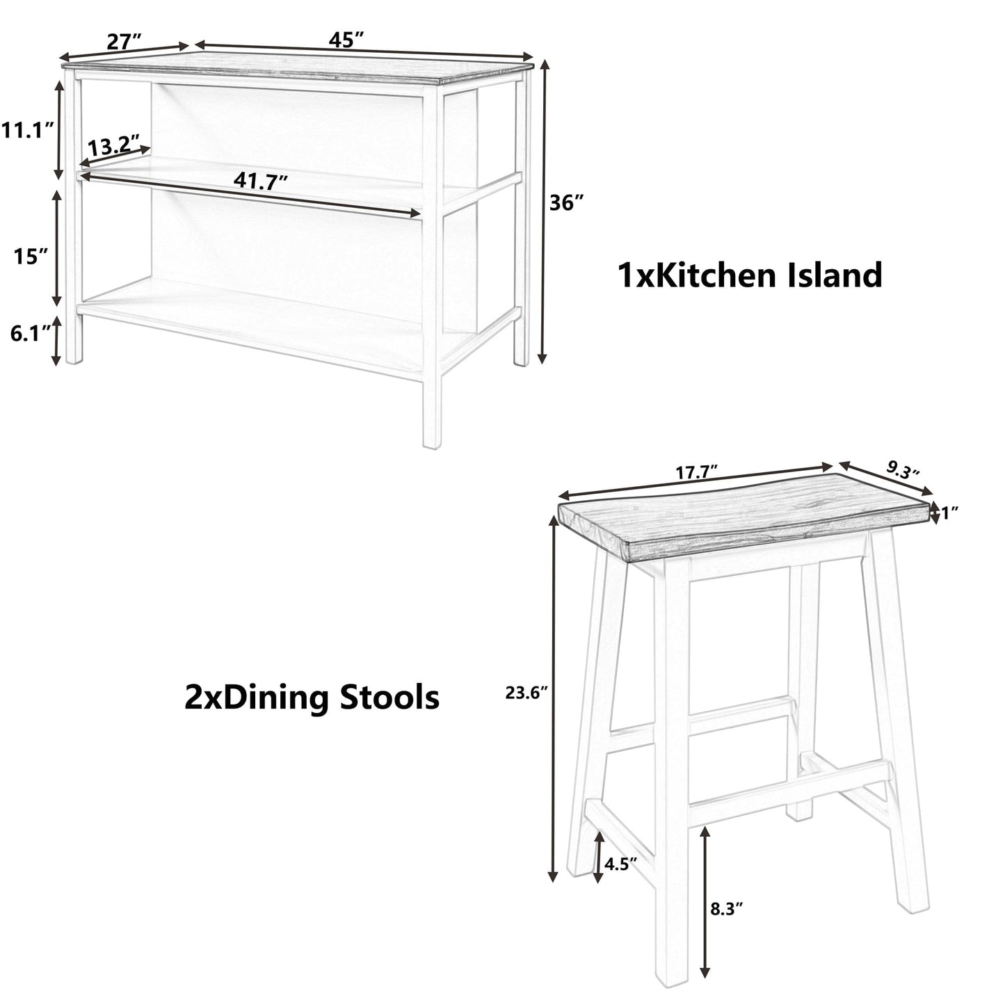 1st Choice Furniture Direct Counter Height Set 1st Choice Rustic 3-Piece Kitchen Island Set with Seating and Shelves