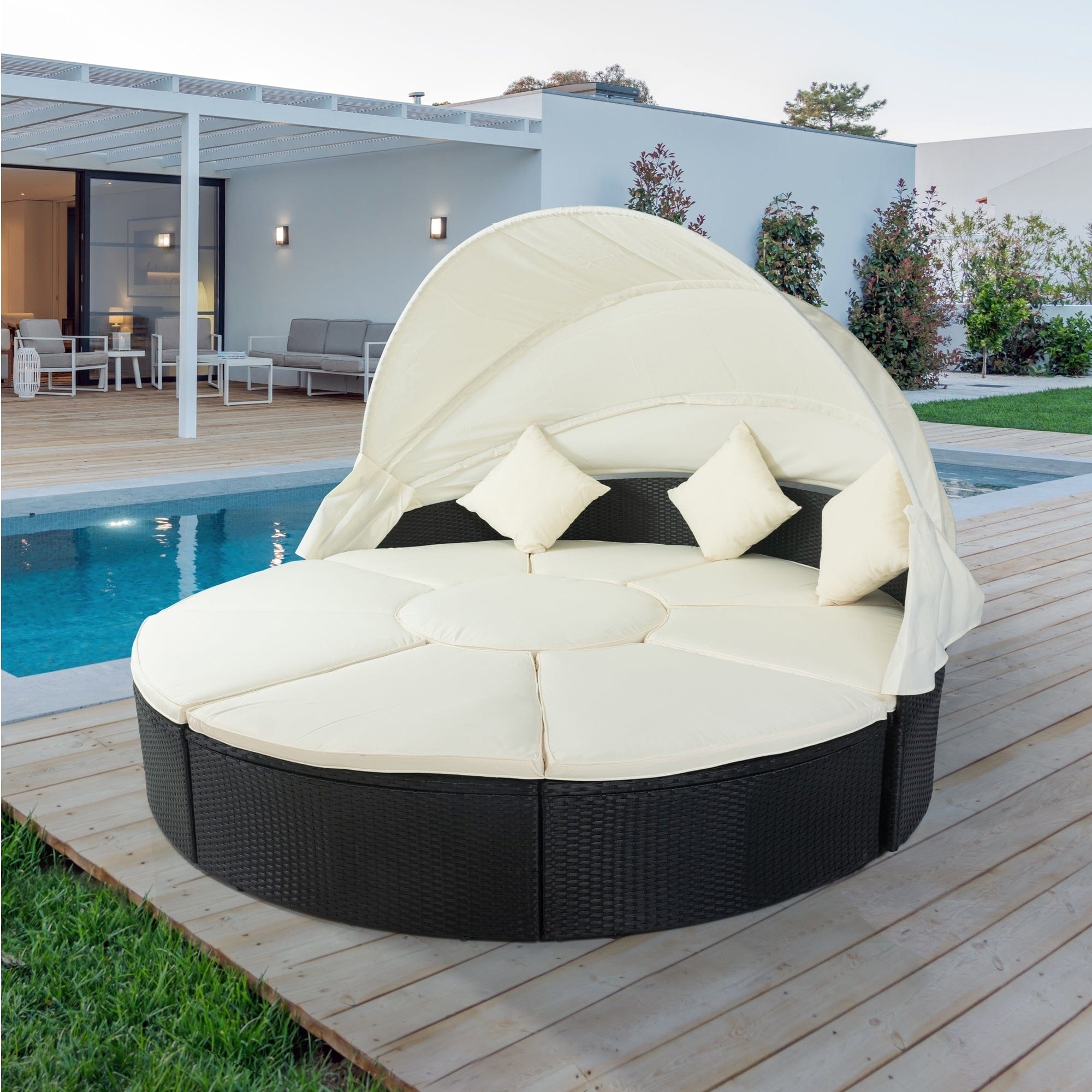 Outdoor patio rattan round store retractable canopy daybed