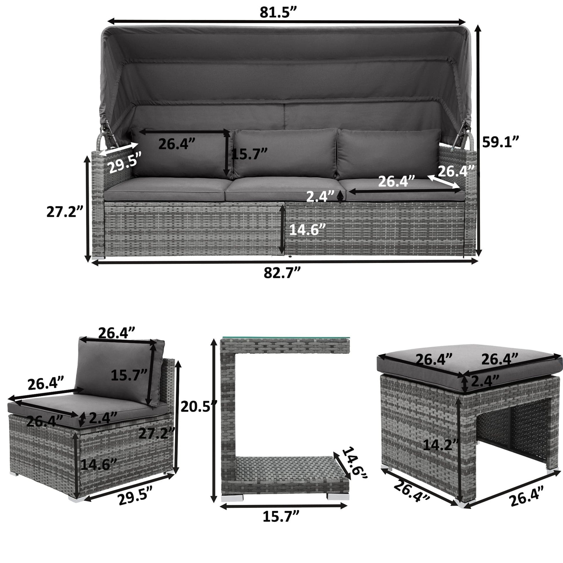 1st Choice Furniture Direct Daybed 1st Choice Sectional Rattan Daybed w/ Canopy & Glass Table (5 Pieces)