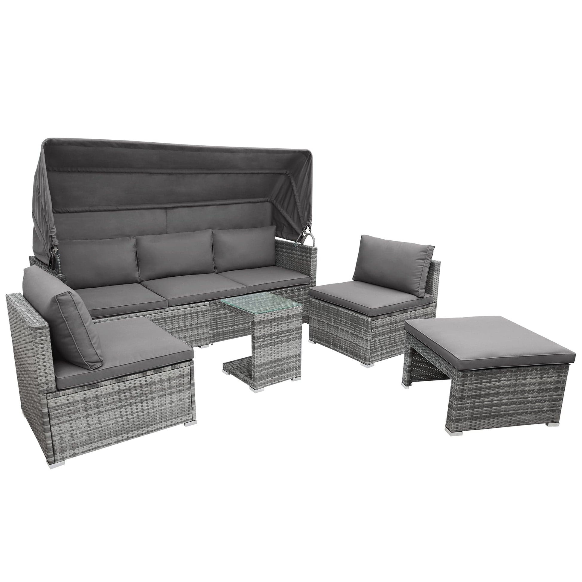 1st Choice Furniture Direct Daybed 1st Choice Sectional Rattan Daybed w/ Canopy & Glass Table (5 Pieces)