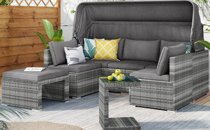 1st Choice Furniture Direct Daybed 1st Choice Sectional Rattan Daybed w/ Canopy & Glass Table (5 Pieces)
