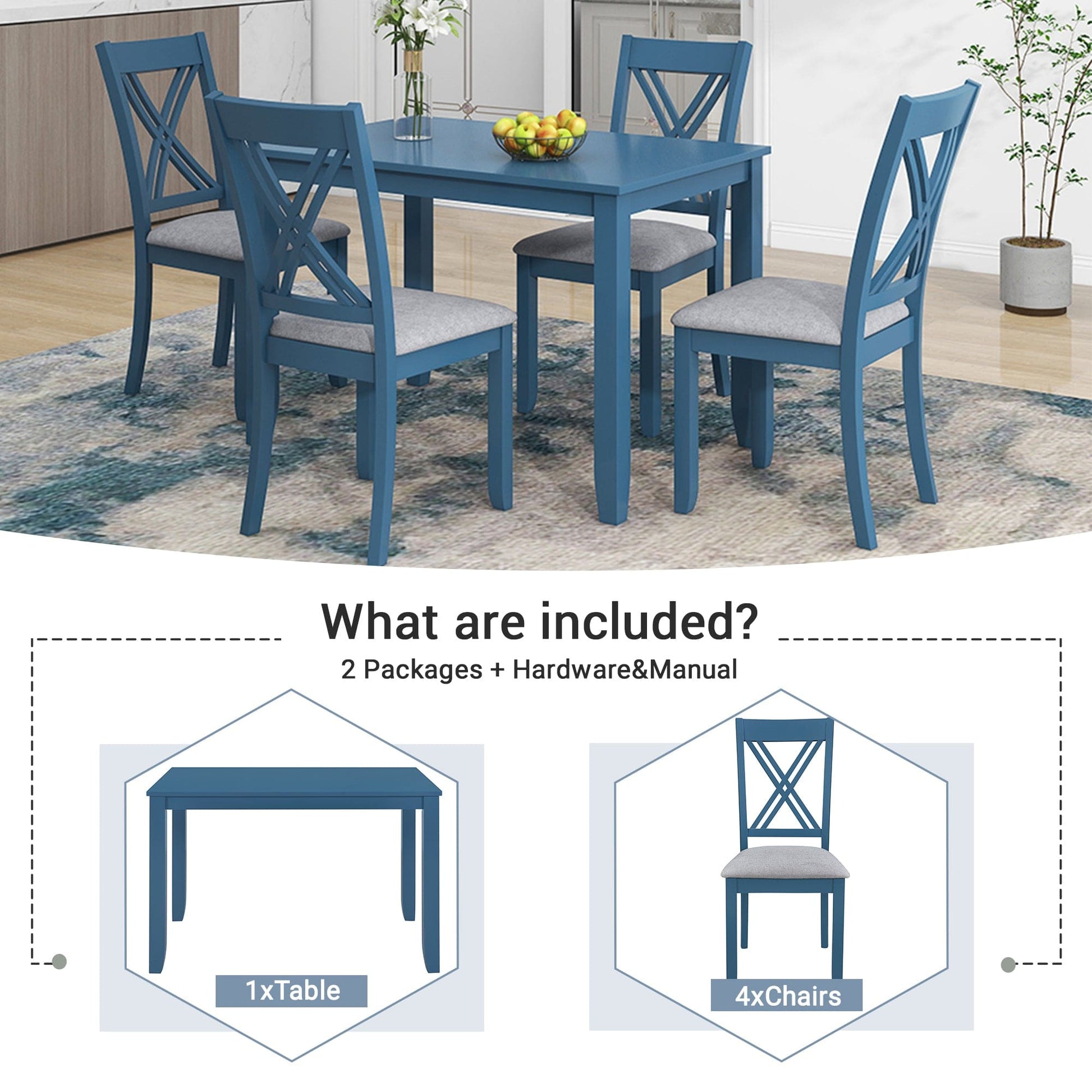 1st Choice Furniture Direct Dining Room Sets 1st Choice 5-Piece Minimalist Dining Table Set with X-Back Blue Chairs