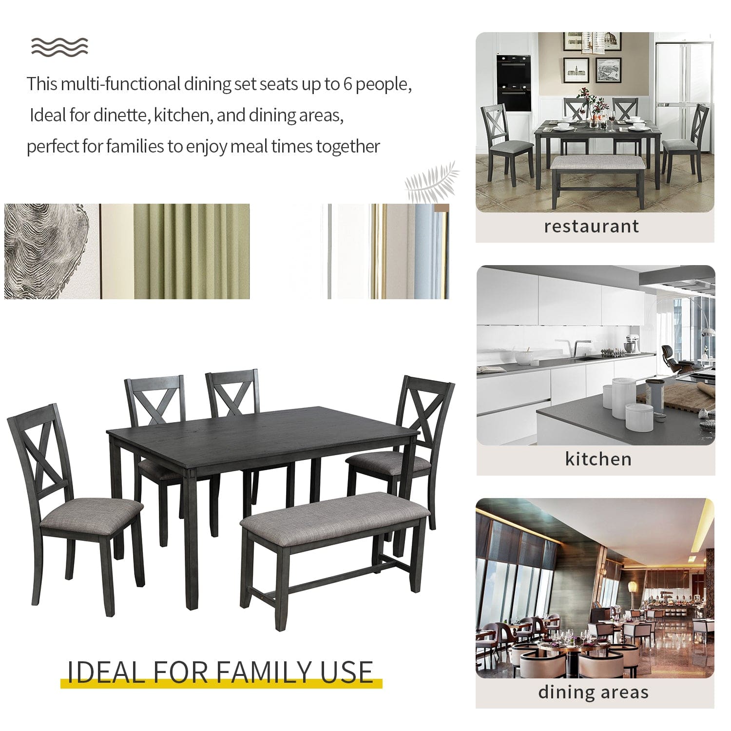 1st Choice Furniture Direct Dining Room Sets 1st Choice Wooden 6-Piece Dining Table Set with Chairs & Bench (Grey)