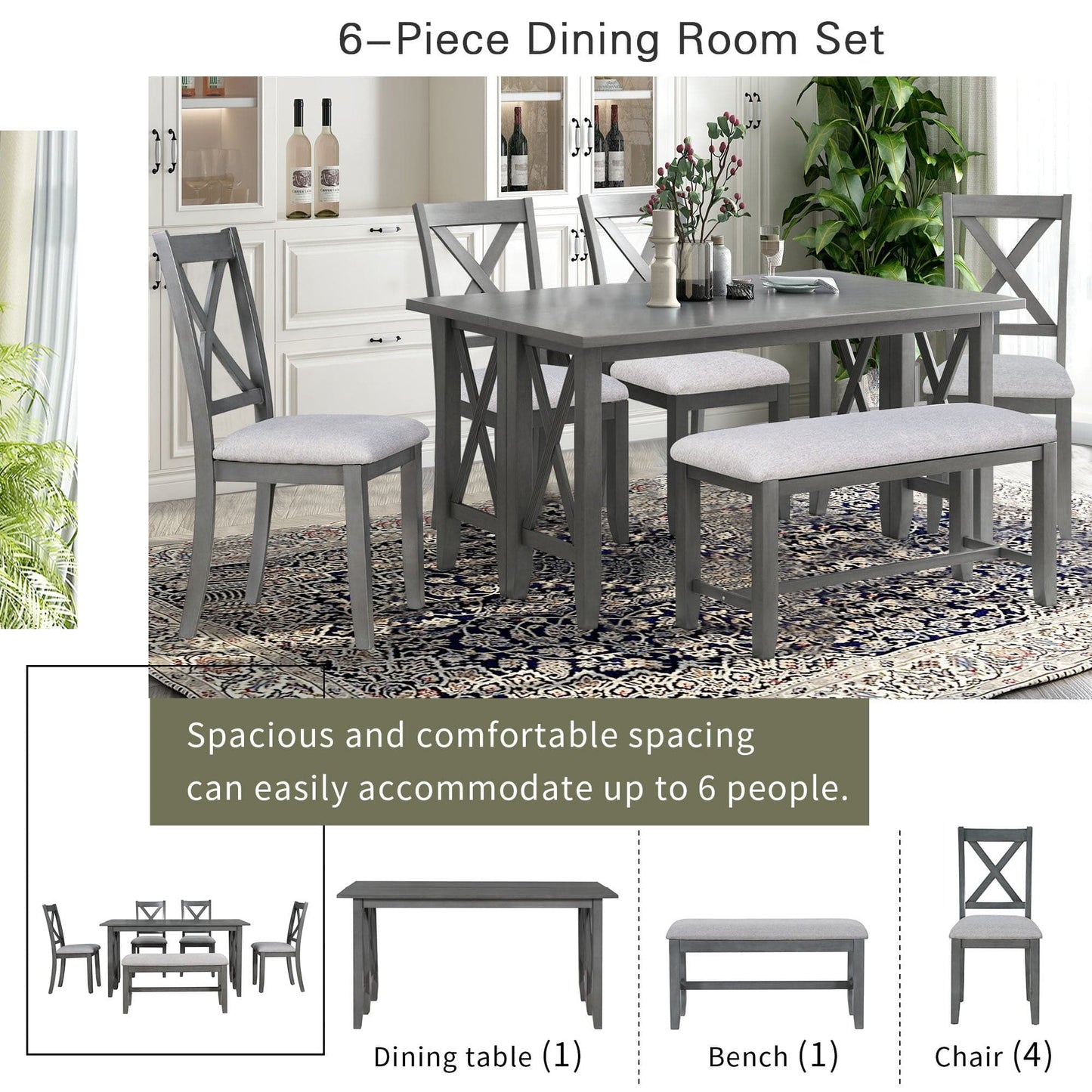 1st Choice Furniture Direct Dining Set 1st Choice 6 Piece Gray Dining Set w/Solid Wood Table, 4 Chairs, Bench