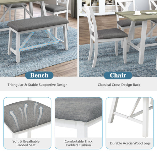 1st Choice Furniture Direct Dining Set 1st Choice 6-Piece Wood White+Gray Dining Set with Bench & Chairs