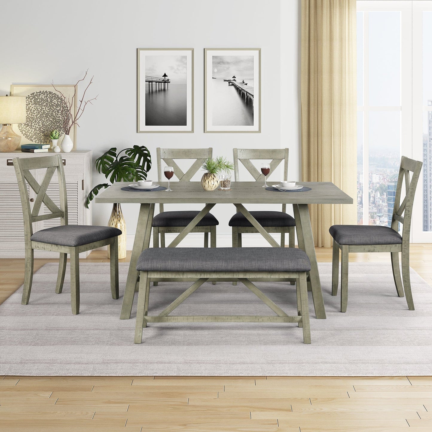 1st Choice Furniture Direct Dining Set 1st Choice Rustic Gray 6-Piece Dining Set with Table, Bench, 4 Chairs