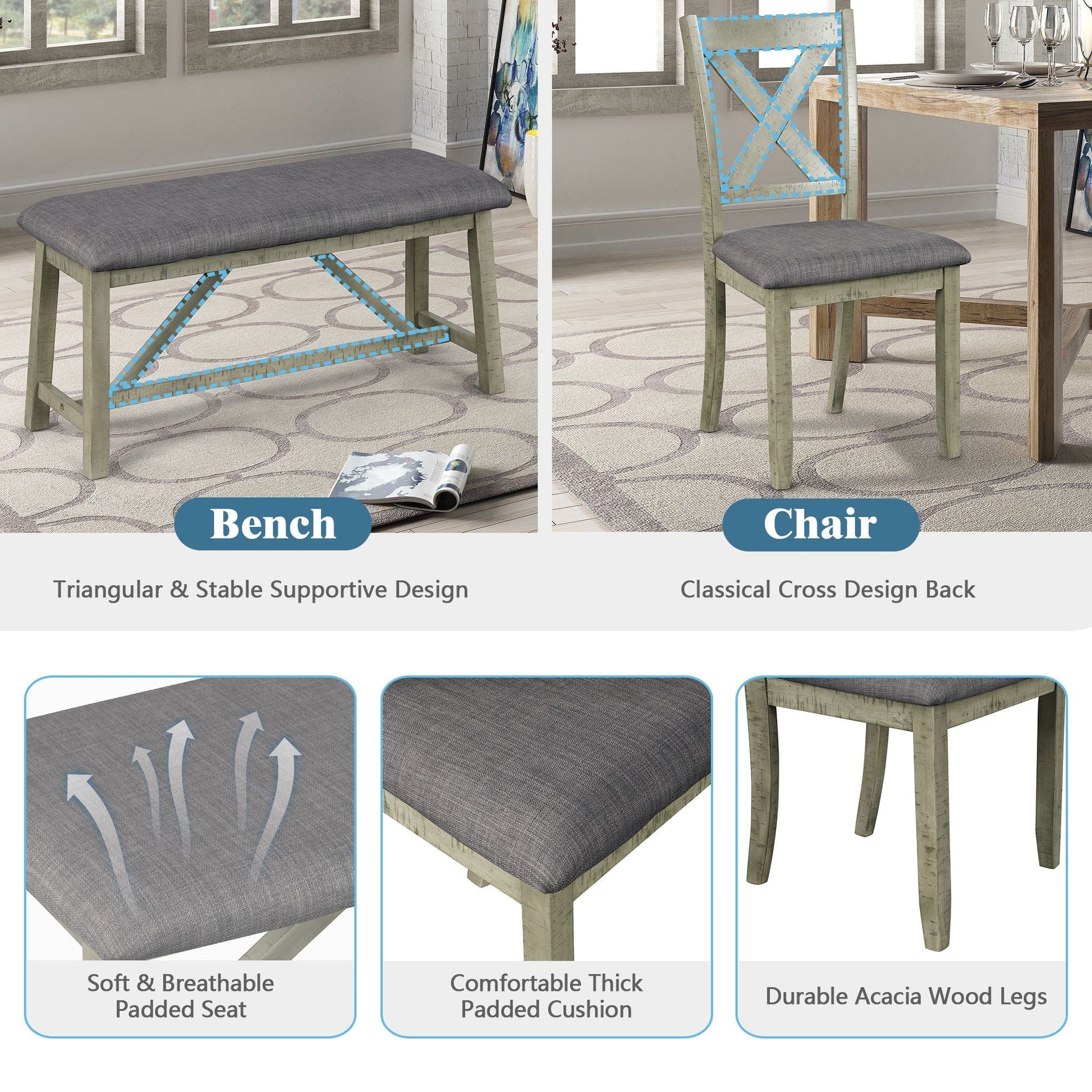 1st Choice Furniture Direct Dining Set 1st Choice Rustic Gray 6-Piece Dining Set with Table, Bench, 4 Chairs