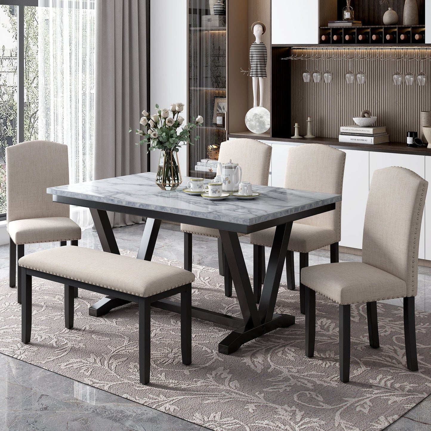 1st Choice Furniture Direct Dining Set 1st Choice White Modern 6-Piece Dining Set with Table, 4 Chair & Bench