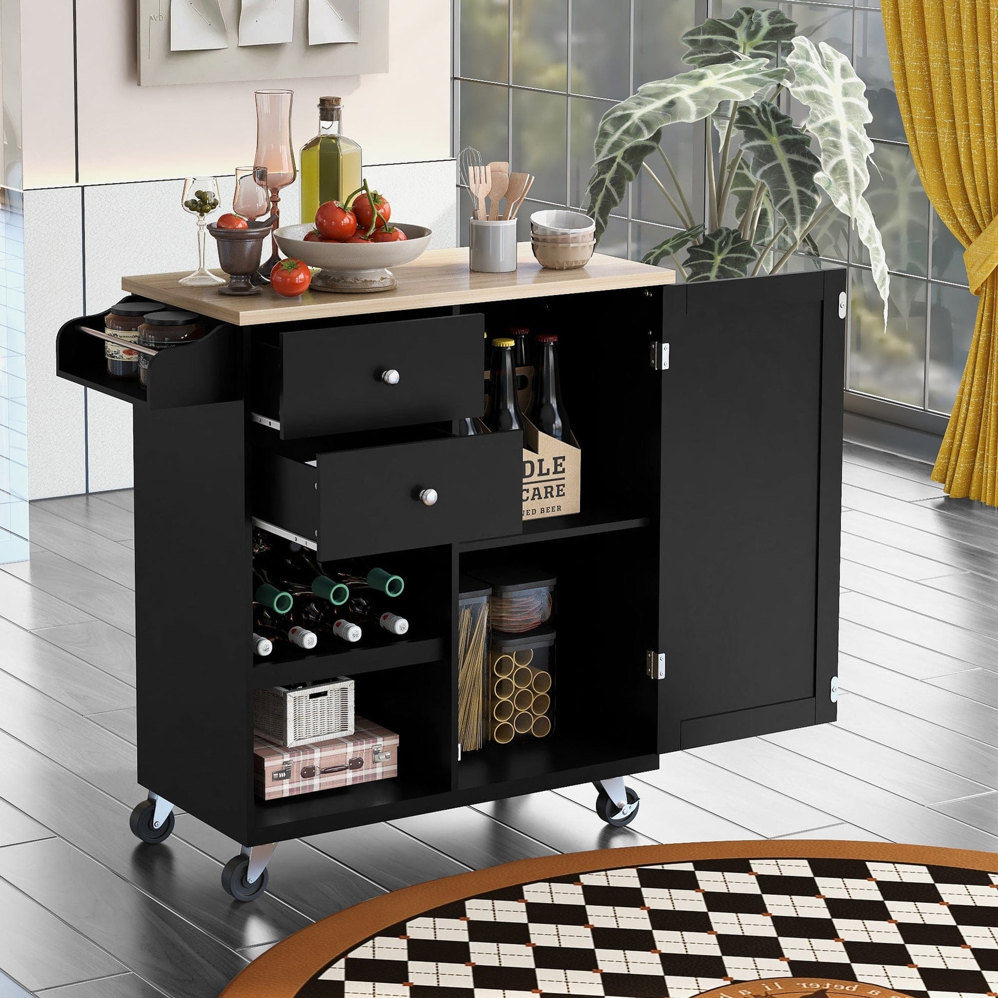 1st Choice Furniture Direct Kitchen Cart 1st Choice Black Kitchen Cart with Spice Rack, Towel Rack & Two Drawer