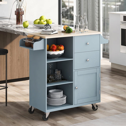 1st Choice Furniture Direct Kitchen Cart 1st Choice Grey Blue Kitchen Cart w/ Drawers, Open Shelves, and Wheels