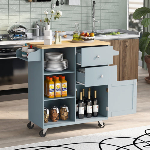 1st Choice Furniture Direct Kitchen Cart 1st Choice Grey Blue Kitchen Cart w/ Drawers, Open Shelves, and Wheels