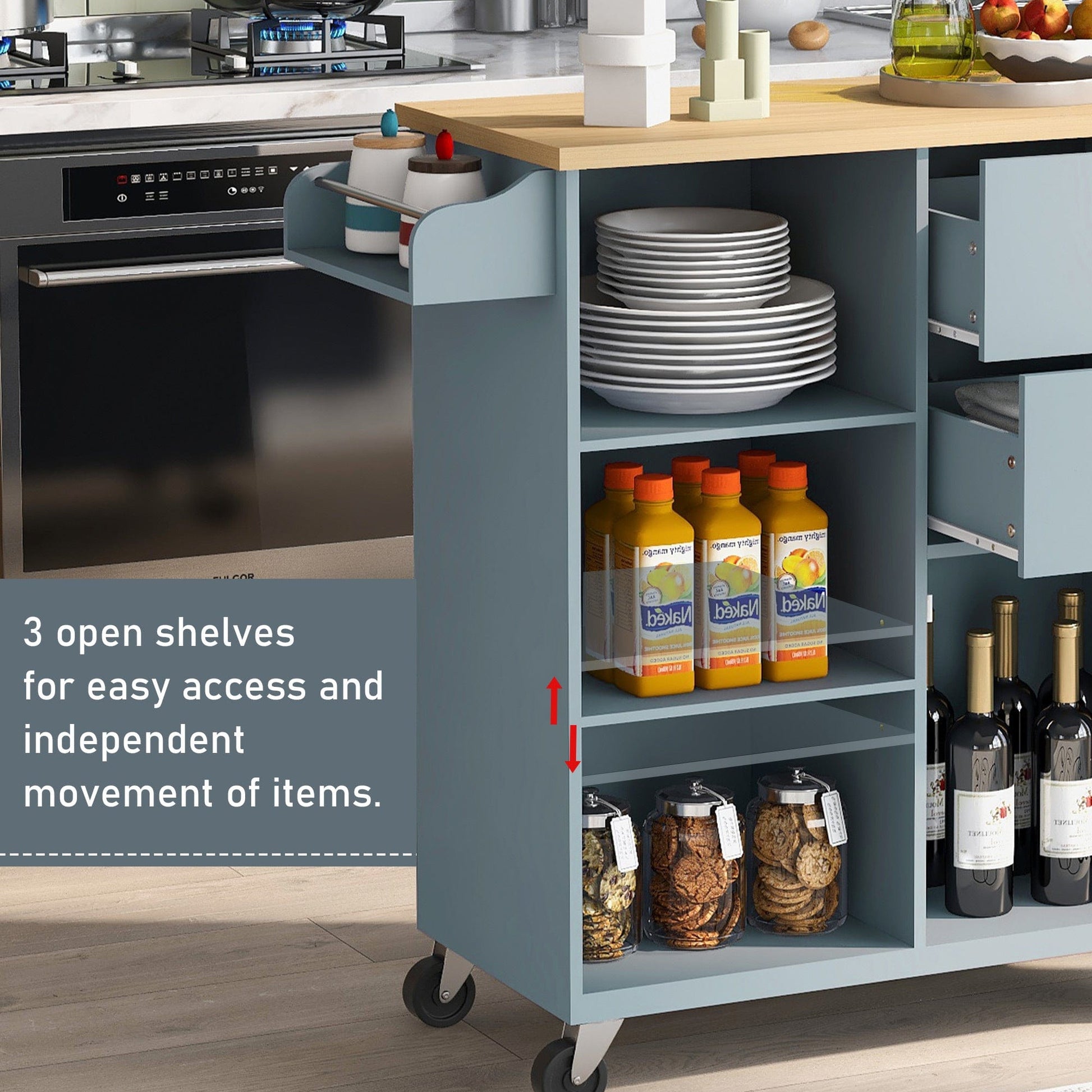 1st Choice Furniture Direct Kitchen Cart 1st Choice Grey Blue Kitchen Cart w/ Drawers, Open Shelves, and Wheels