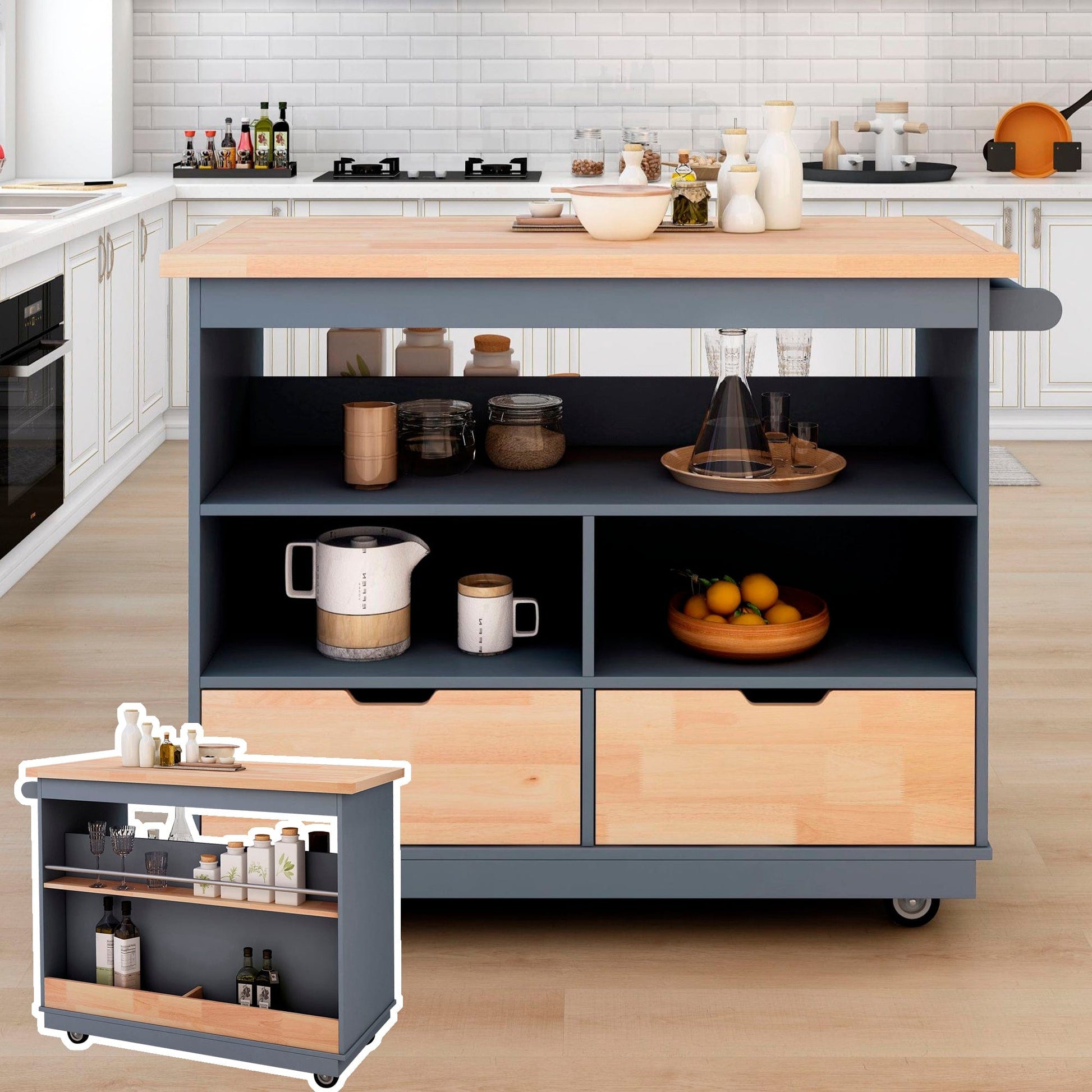 1st Choice Furniture Direct Kitchen Cart 1st Choice Kitchen Cart Rolling Mobile Island Solid Wood Top in Grey Blue