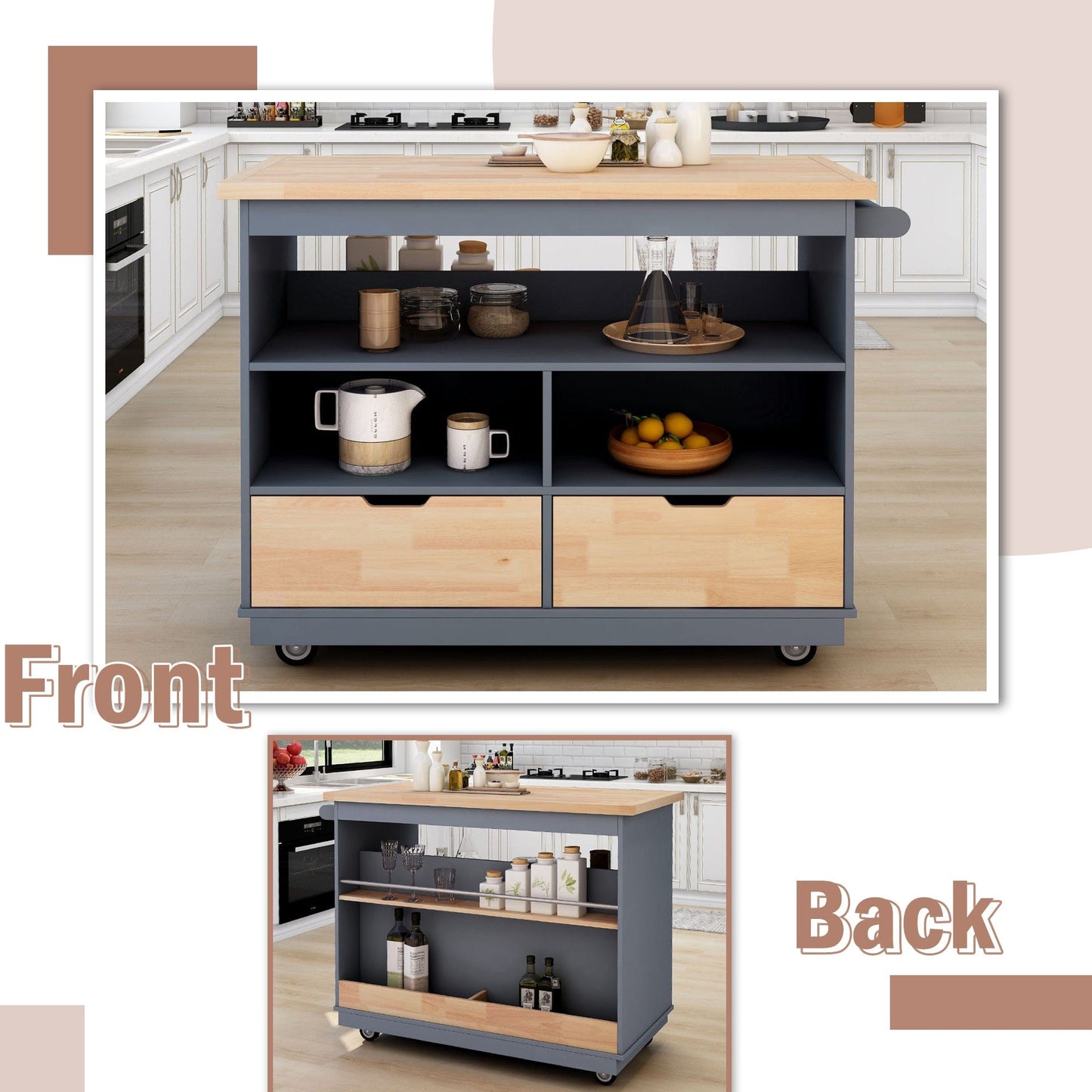 1st Choice Furniture Direct Kitchen Cart 1st Choice Kitchen Cart Rolling Mobile Island Solid Wood Top in Grey Blue