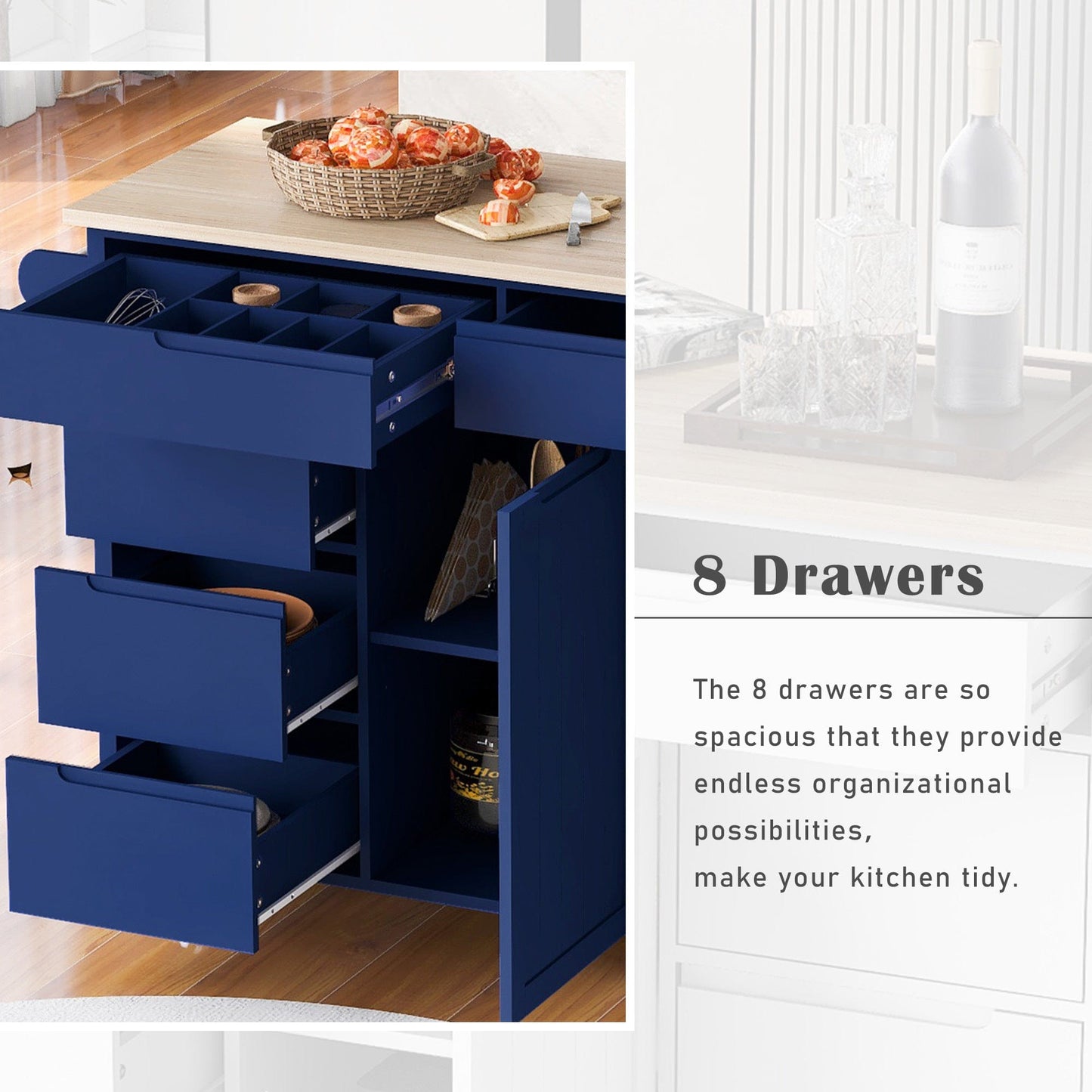 1st Choice Furniture Direct Kitchen Cart 1st Choice Versatile Kitchen Island with 8 Handle-Free Drawers